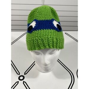 Kids Handmade Crochet Ninja Turtle Beanie Hat Green Blue Eye Mask Cozy Winter